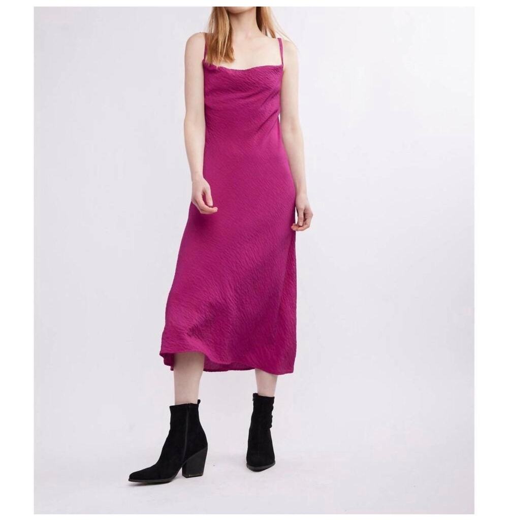 SELF CONTRAST Dress Women’s Size Medium NWT Norah Midi Slip Magenta Drape Neck